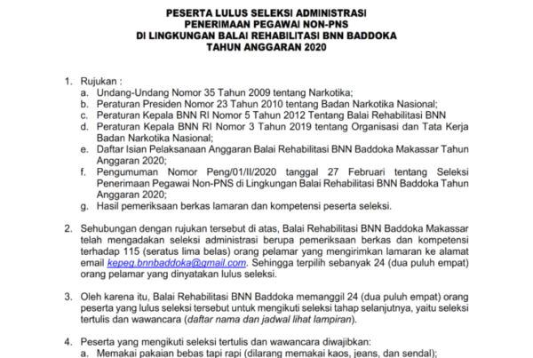 Pengumuman Hasil Seleksi Administrasi Penerimaan Pegawai Non-PNS BNN Baddoka