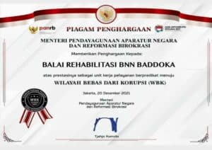 Balai Rehabilitasi BNN Baddoka dianugerahi penghargaan oleh Kementerian Pendayagunaan Aparatur Negara dan Reformasi Birokrasi berupa Penghargaan Zona Integritas (ZI) dengan predikat Wilayah Bebas dari Korupsi (WBK).